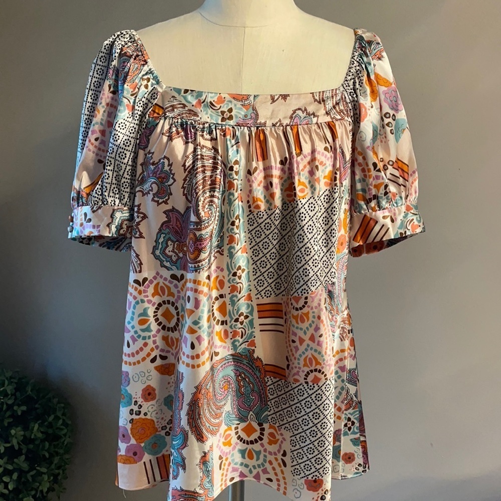 SPENSE ON / OFF THE SHOULDER Sateen BLOUSE w/belt BALLOON SHORT SLEEVE Size L